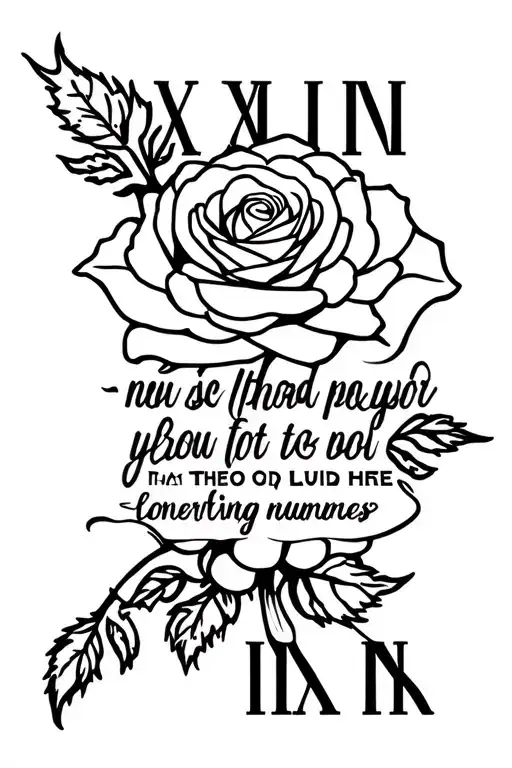 Thigh Tattoo With A Rose And Inspiration Quote With Roman Numerals