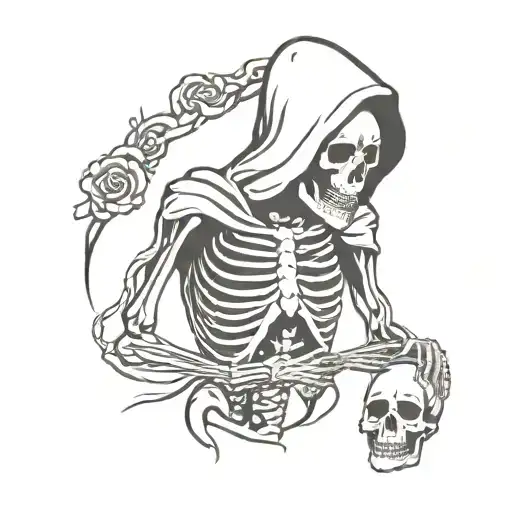 Hooded Reaper Skeleton Holding A Heart And A Brain