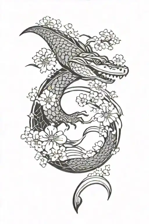 A Japanese Fan With A Crocodile Surrounded By Cherry Blossoms And Waves In Japanese Style