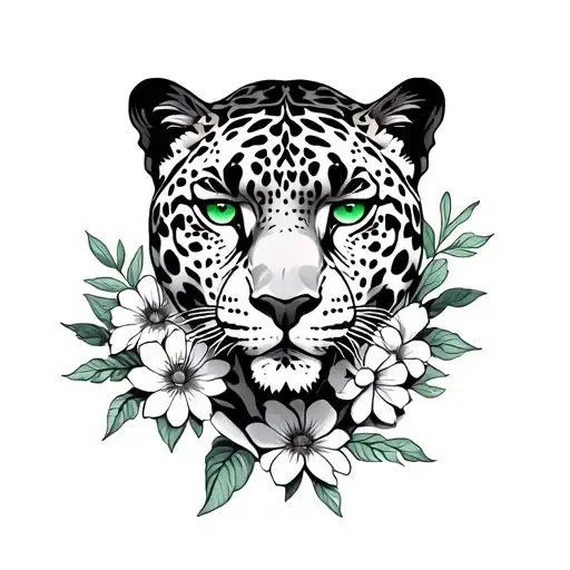 Jaguar Full Body With Green Eyes Surrounded By Flowers