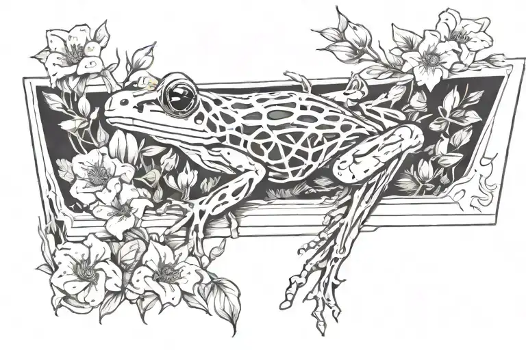 Symmetrical Tree Frog Skeleton Inside Coffin Outline Surrounded By Flowers