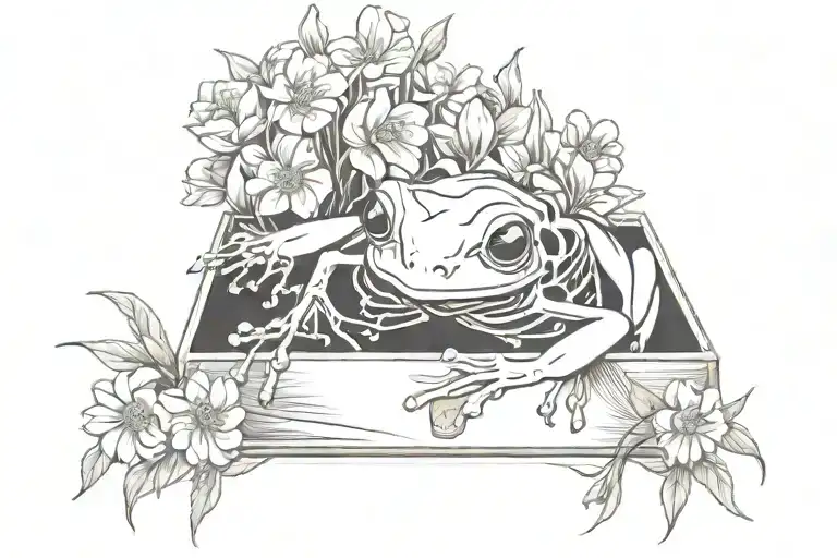 Symmetrical Tree Frog Skeleton Inside Coffin Outline Surrounded By Flowers