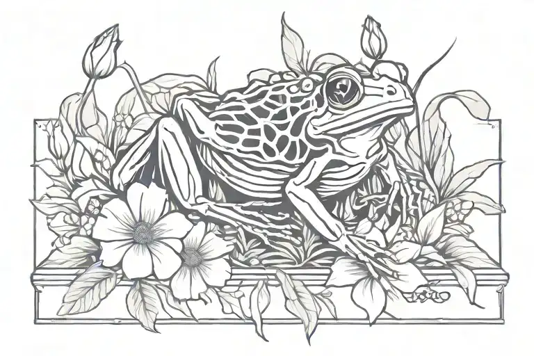 Symmetrical Tree Frog Skeleton Inside Coffin Outline Surrounded By Flowers