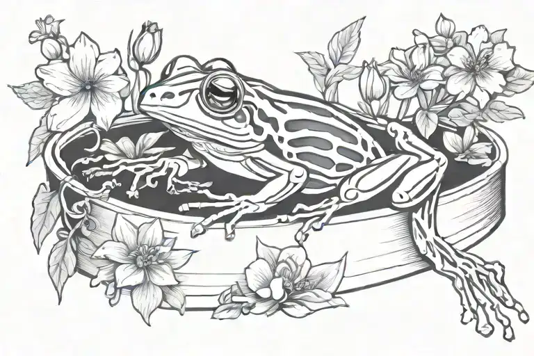 Symmetrical Tree Frog Skeleton Inside Coffin Outline Surrounded By Flowers
