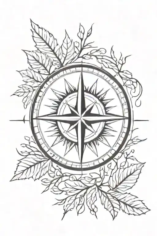 Compass Rose Surrounded By Alder Tree Leaf And Willow Leaf