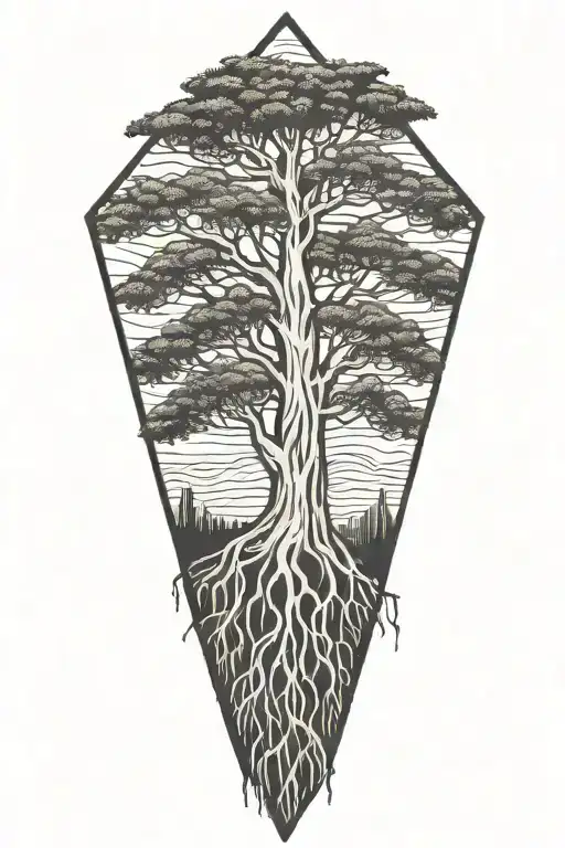 Bald Cypress With Roots Inside Diamond Shaped Line Outlining