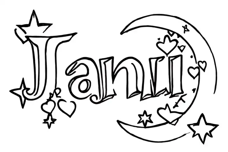 The Name Janii With Hearts And Stars Moon