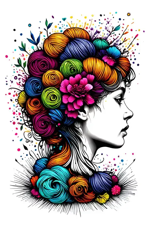 Woman Face Side Profile With Colorful Yarn Exploding Out Of Top Of Head Surrounded By Flowers