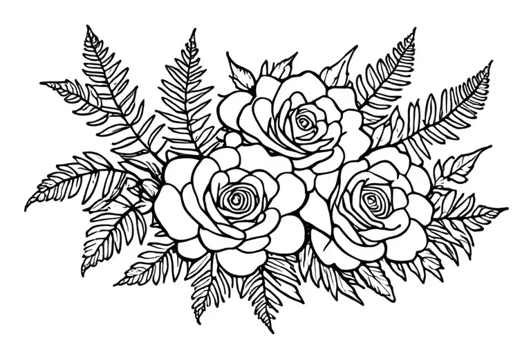 Roses And Fern With Leaves And More Flowers Growing