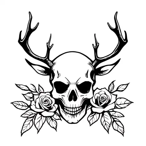 Skull With Reindeer Horns And A Rose In Mouth