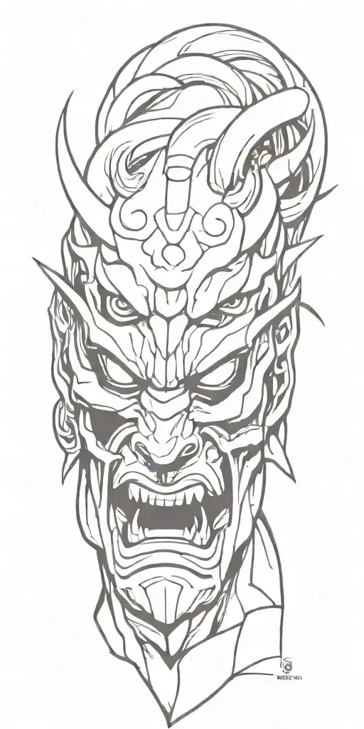 Male Anime Character Oni Mask Fighting Off Inner Demons With Minimal Black