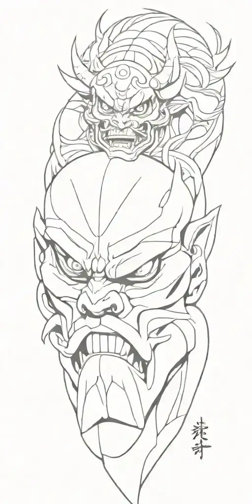 Male Anime Character Oni Mask Fighting Off Inner Demons With Minimal Black