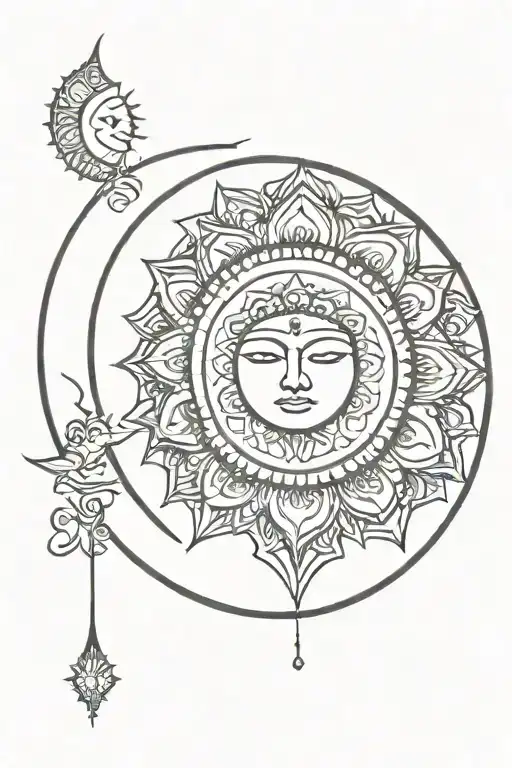 Cresent Moon With Lady Face And Sun At Center With Mandala At Bottom