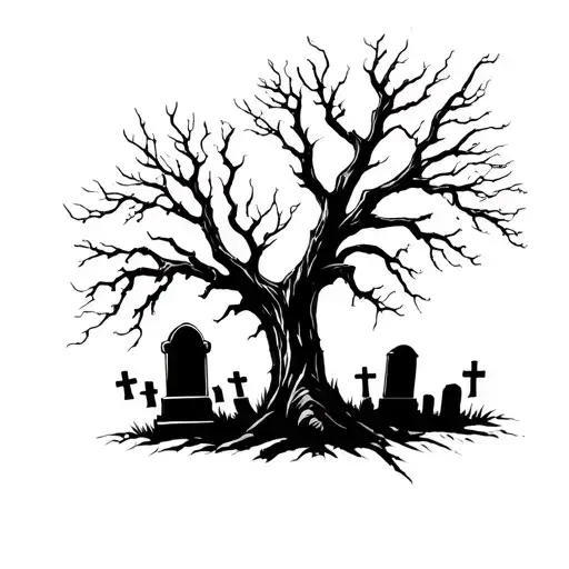Dead Tree In Cemetery Scene With Tombstones
