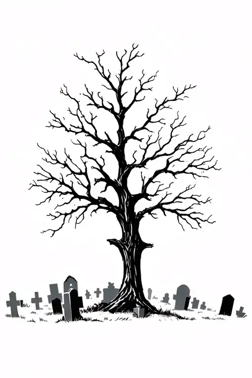 Dead Oak Tree In Cemetery Scene