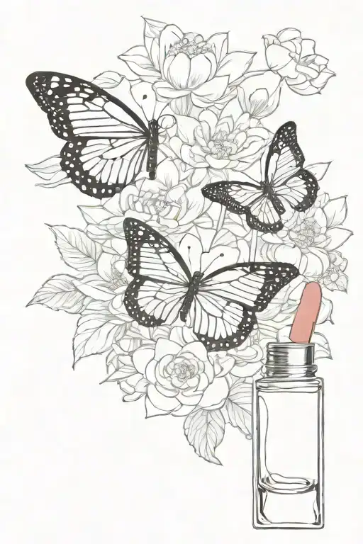Butterfly Sitting On Lipstick Tube With Lotus Flowers And Make Up Bottle