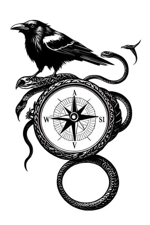 A Compass Entwined With A Snake Against A Raven