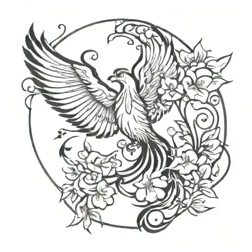 Phoenix With Flowers And Butterflies Flying