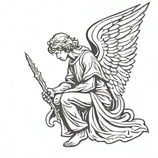 Tired Sitting Warrior Angel With Head Bowed In Between Legs And Wings Coming Up