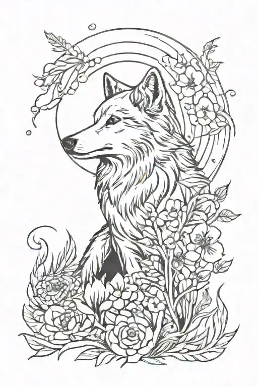Moon Flowers Feather Wolf
