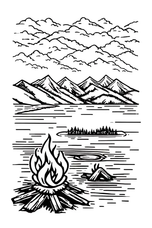 Campfire In Front Of A Lake With Mountains In Background
