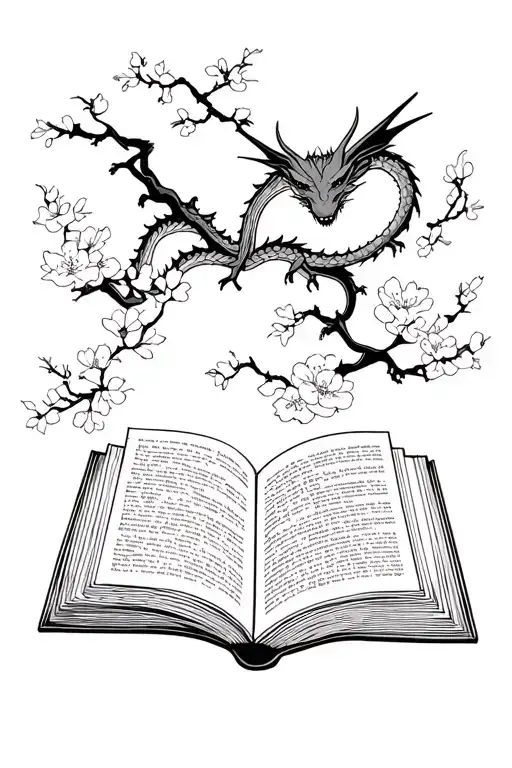 Cherry Blossom With Open Books And Dragons Flying