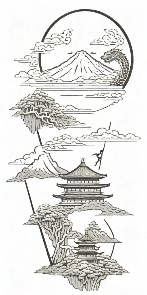 Japanese Landscape With Pagodas With Mount Fuji On Background And A Dragon In The Sky