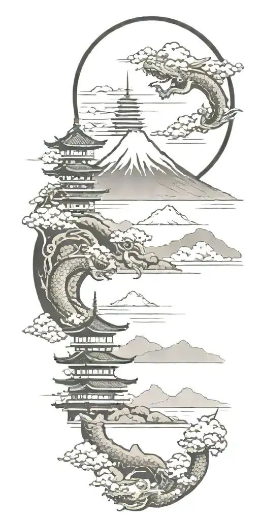 Japanese Traditional Landscape With Pagodas With Mount Fuji On Background And A Dragon In The Sky