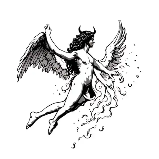 A Half Angel Half Devil Falling And Reaching Back To Heaven With Hope