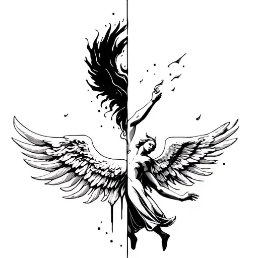 A Half Angel Half Devil Falling And Reaching Back To Heaven With Hope