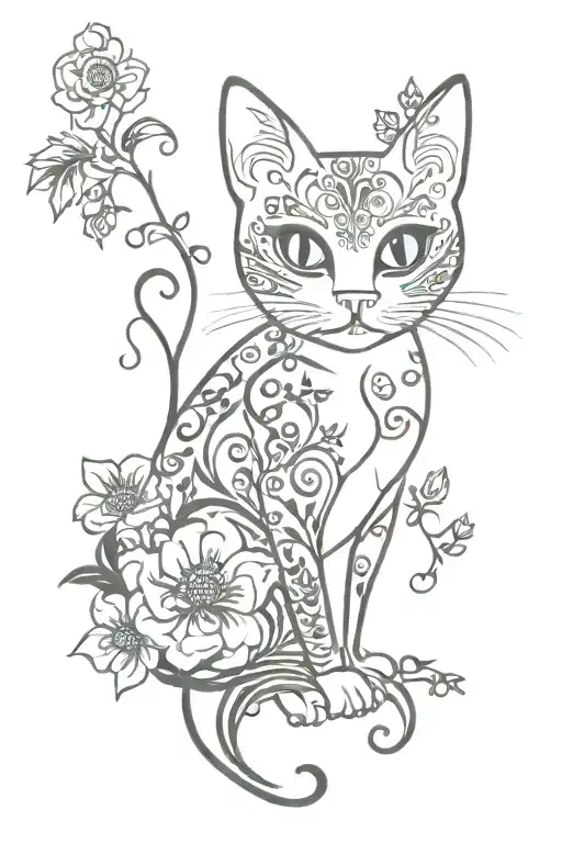 A Cat With Blue Huge Eyes And Flowers And Vines