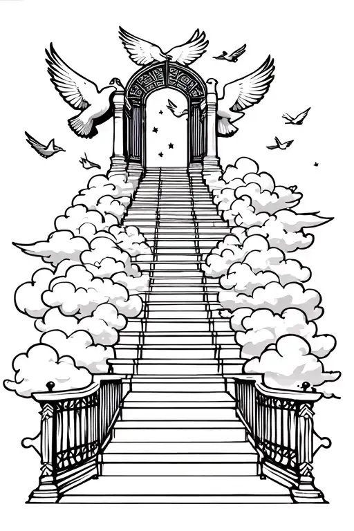 Stairs To Heaven With Doves And Clouds With A Gate