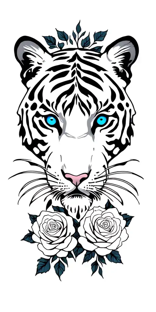 Tiger Face Eyes In Blue With Black Roses Around It