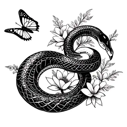 Snake Black And White With Flowers And Butterflies