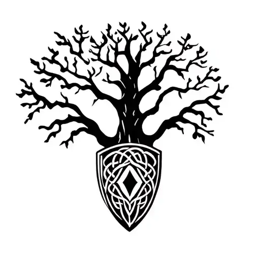 Celtic Oak Tree With Shield And Diamond Carved Into Trunk