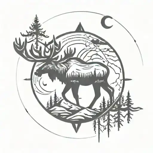 Mountain Moon Northern Lights Moose Compass Surrounded