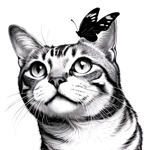 Cat Looking Up With A Butterfly Above Its Nose
