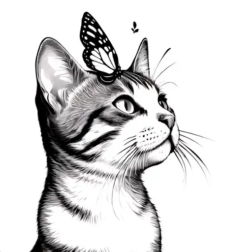 Cat Looking Up To The Left With A Butterfly Above Its Nose