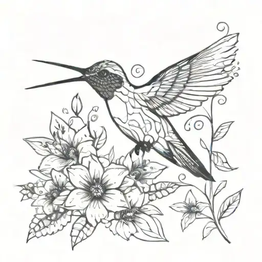 Hummingbird With Flowers Fine Line