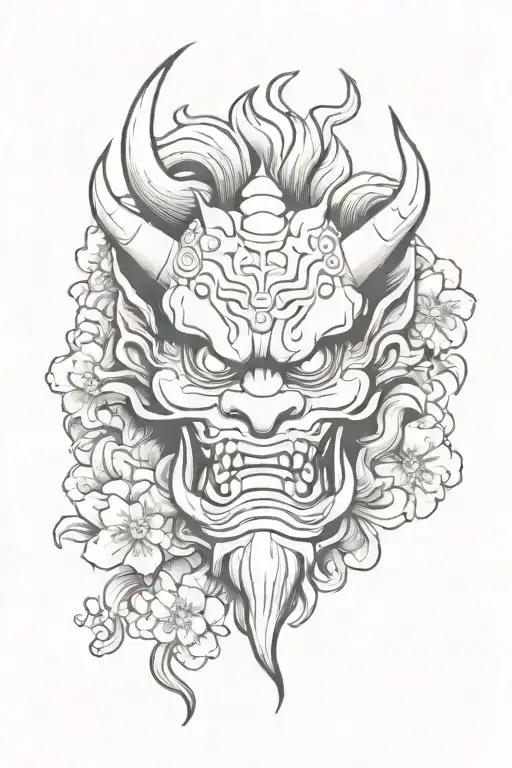 Japanese Oni Mask With Big Dragon And Smoke Forming The Shape With A Little Flowers
