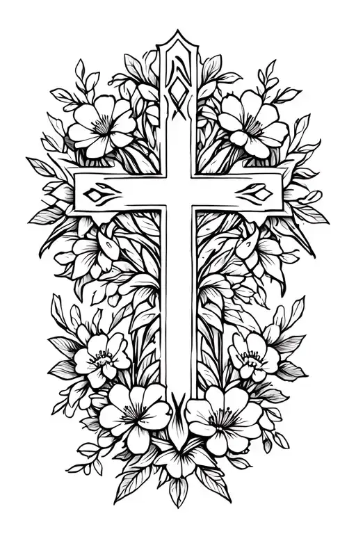 Christian Cross Surrounded In Flowers And Vines