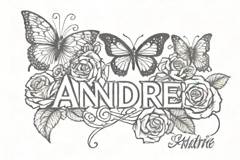 The Name Andre In Red Ink With Roses And Butterflies