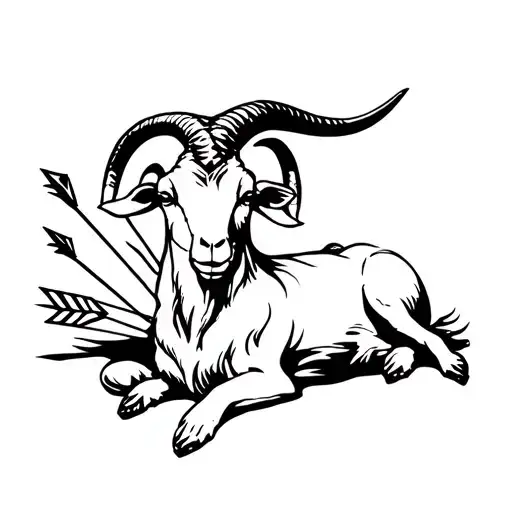 3 Headed Goat With Big Horns Laying Down Relaxing With Arrows In Its Back