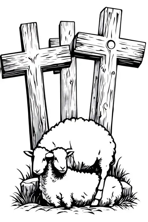 3 Wooden Crosses Tomb With Stone Rolled Away Shepard With Single Sheep