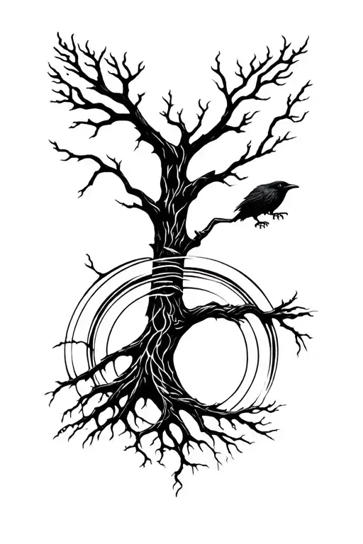 Yggdrasil Tree Road Indicator Circled By A Raven
