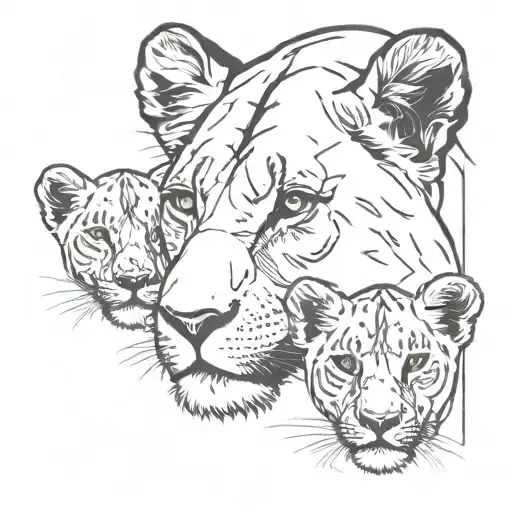Lioness With 2 Cubs Face Only