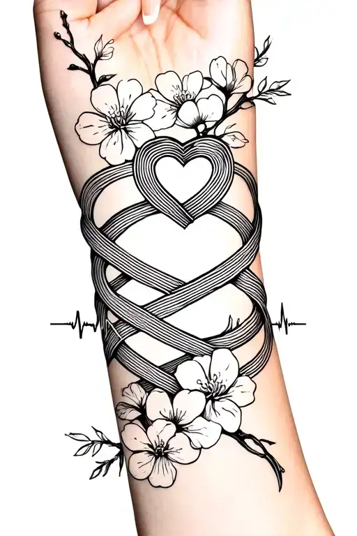 Cherry Blossom Beaches Wrapped Around Forearm With Woven Infinity Sign With Heart Beat
