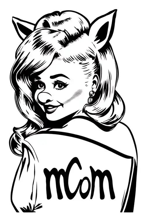 Pinup Blonde Long Hair Facing Away Looking Back With Ms Piggy Face And A Black Jacket That Says Mom