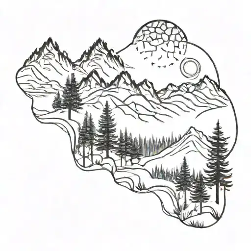 A Mystical Forest Landscape With Six Towering Mountains In The Background