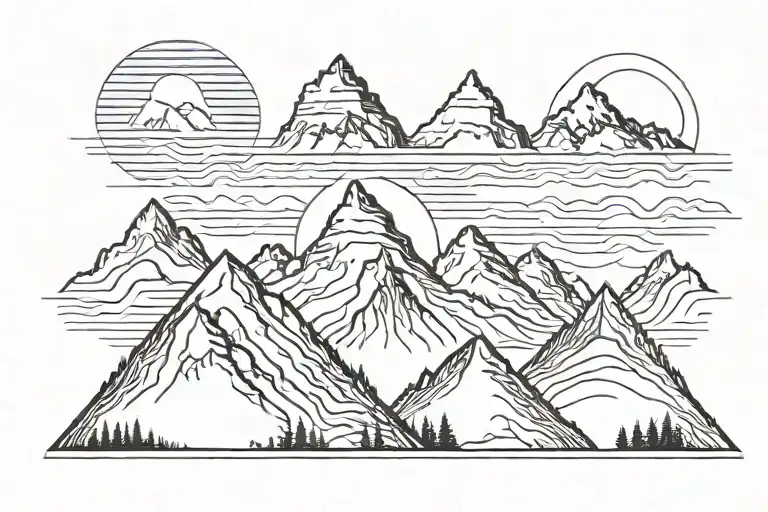 Six Mountain Tops With The Sun In The Background
